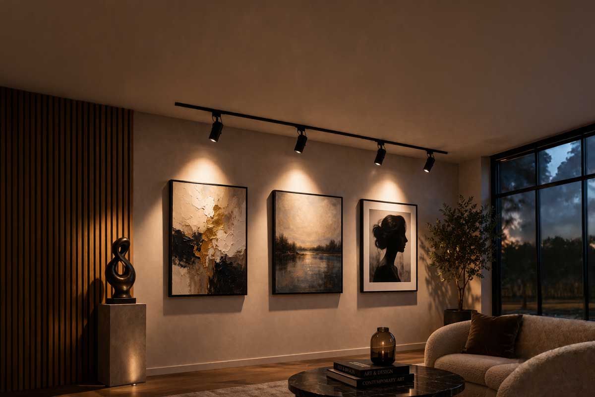 Domácí galerie s akcentním osvětlením – obrazy nasvícené lištovým systémem v moderním interiéru